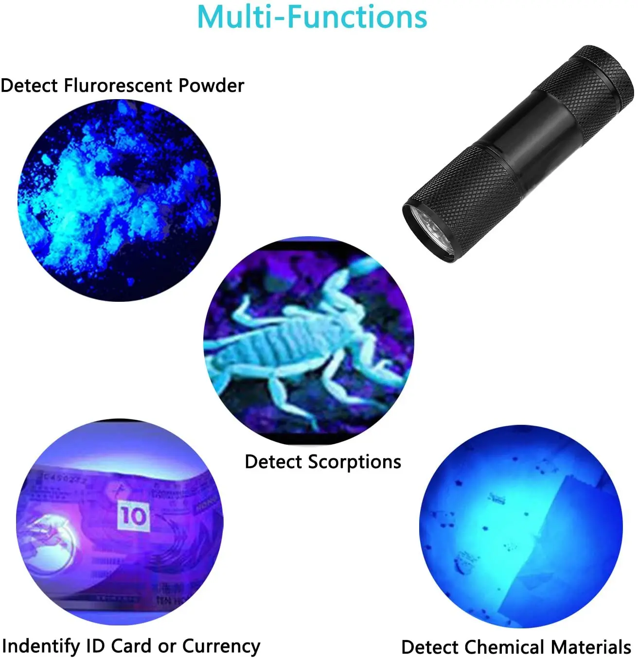 Blue UV Flashlight Detector 395nm 365nm LED Torch Light for Money Checker Scorpions Bed Bugs Curing UV Glue Aluminum Torch