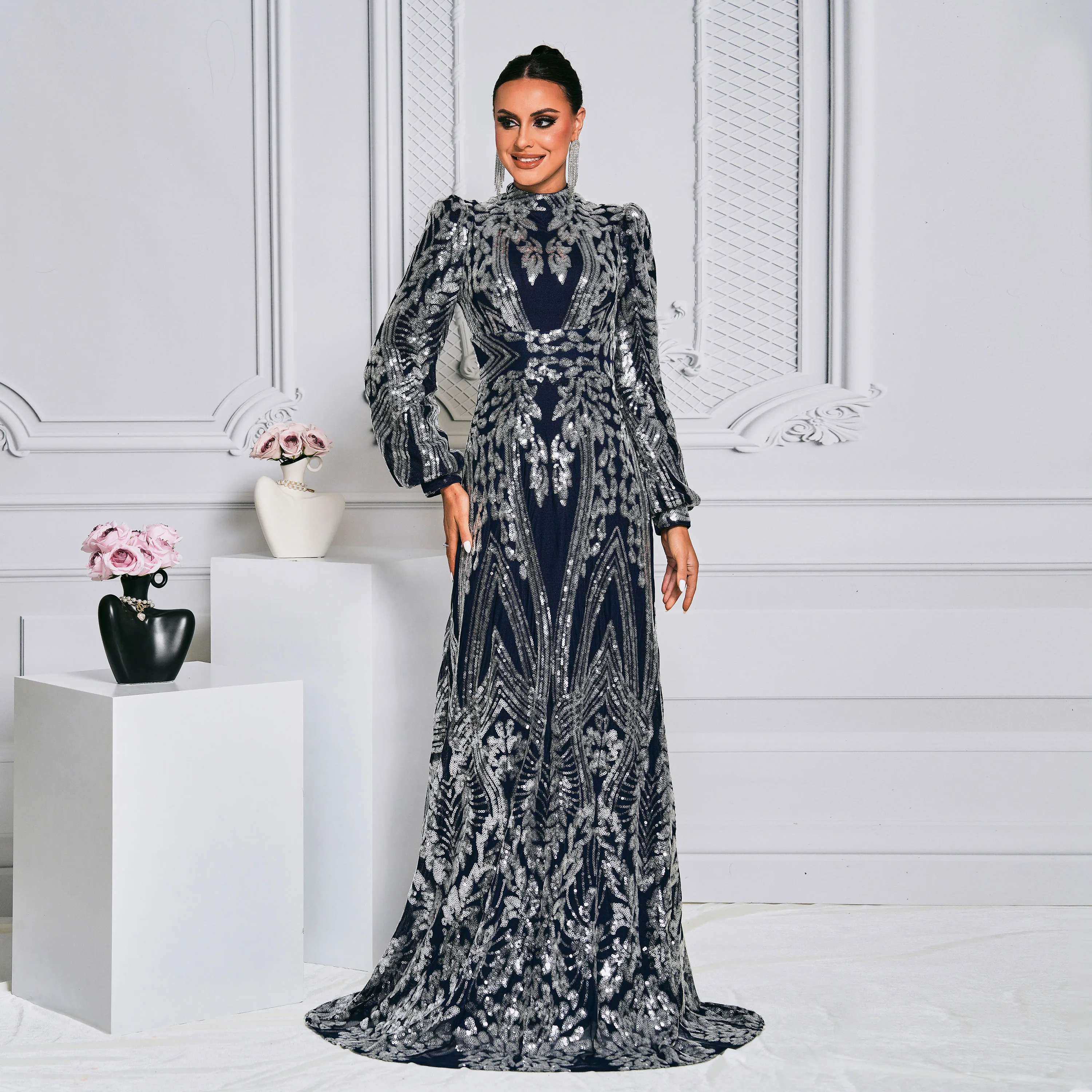 Stand Collar Long Sleeve A-Line Maxi Sequin Hijab Arabic Istanbul Moroccan Turkish Dubai Muslim Modest Evening Dresses for Women
