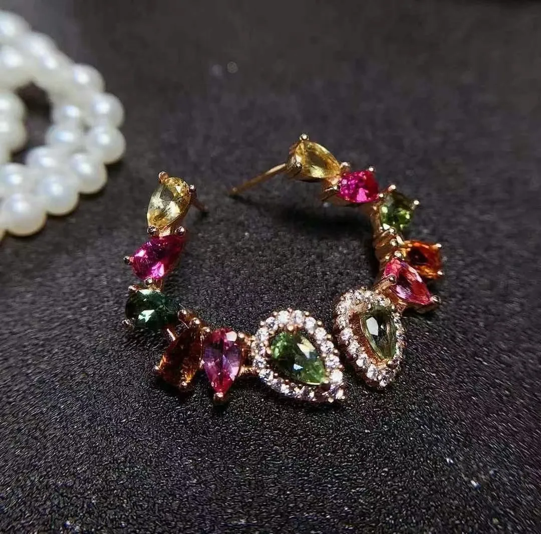 Women Fine Jewelry 3*5mm Pear Cut Tourmaline Pink Green Pave Zirconia Rose Gold Plating 925 Sterling Silver Danglers Earrings
