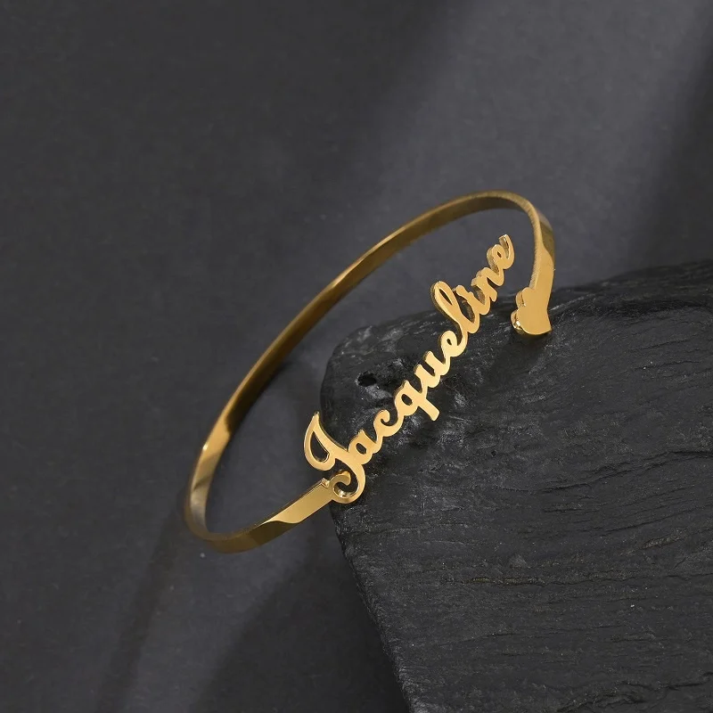 Custom Name Letter Cuff Bracelet Waterproof Opening 18k Gold Plated Stainless Steel Bracelet Bangles Jewelry Women