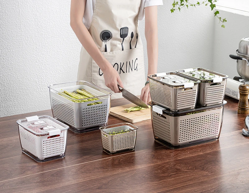 Wholesale Plastic Draining Washing Basket Food Vegetable Storage Boxes Plastic Fruit Storage Drainer Baskets with Lid