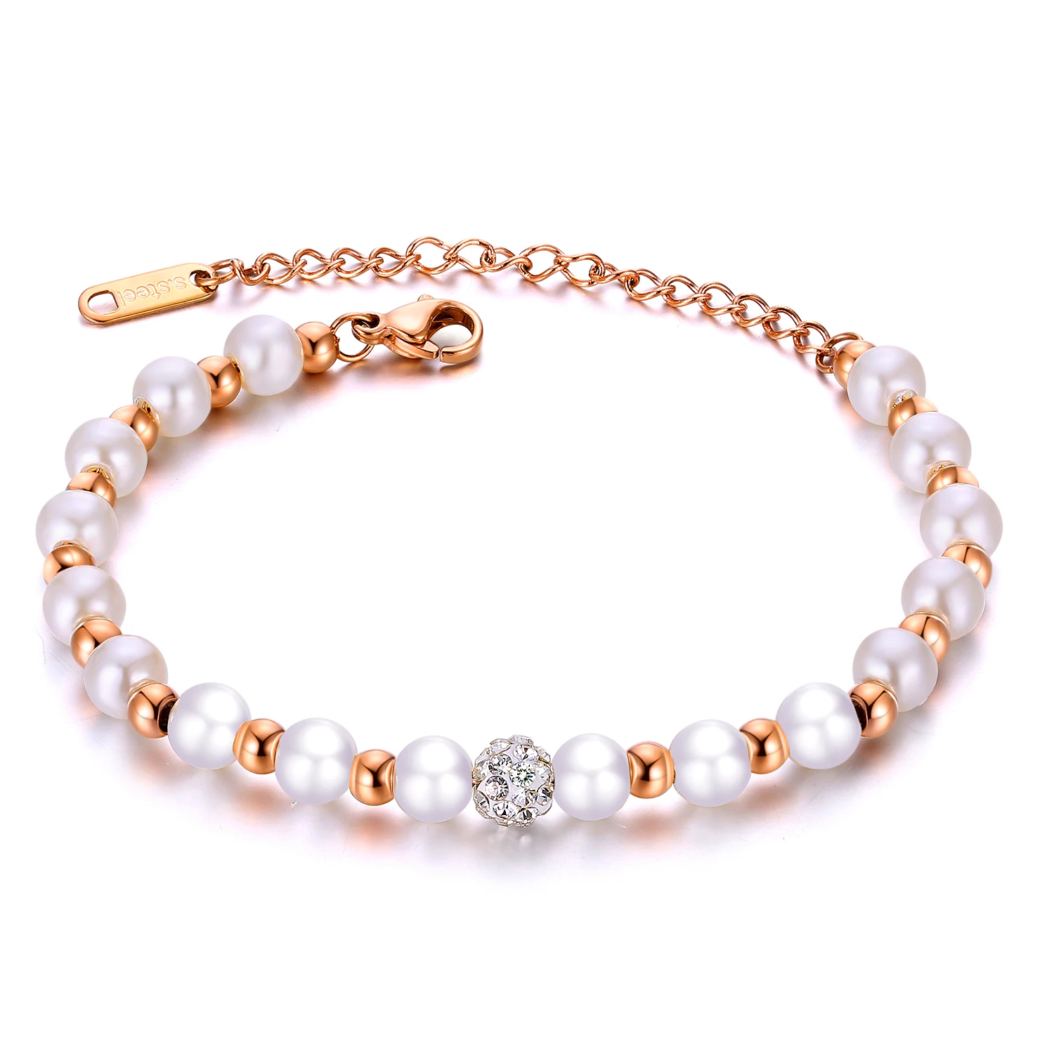 Non Tarnish Water Proof Stainless Steel Gold Plated Zircon Pearl Beads Bracelets For Women Jewelry