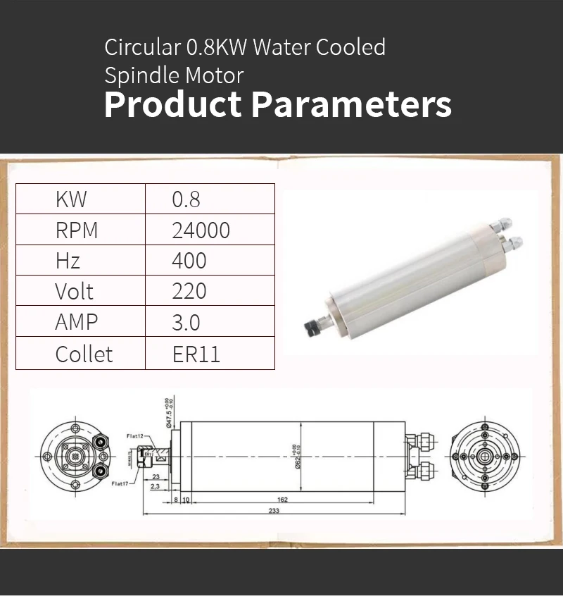 Low noise water-cooled spindle motor 800W 220V 3.0A 24000rpm 400Hz ER11 for CNC machines