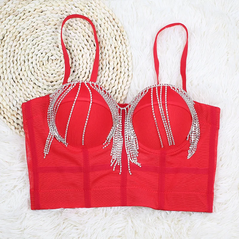 Female Trendy Bling Rhinestones Corset Cropped Top Ladies Sexy Party Diamond Bra Camisole Tank Top