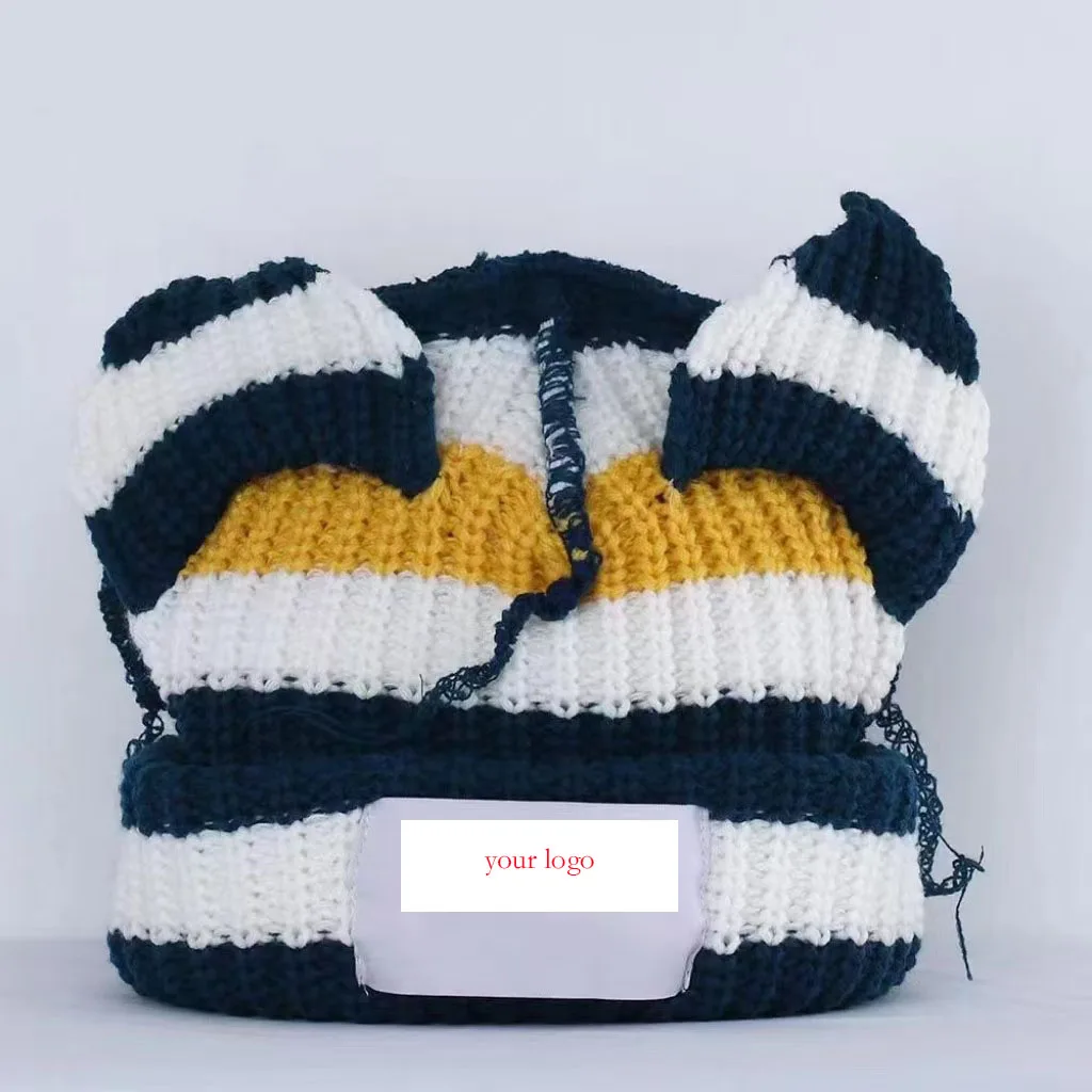 Custom Animal Design Distressed Cute Cat Ear Chic Women Winter Knit Beanie Hats with Ears for Girls