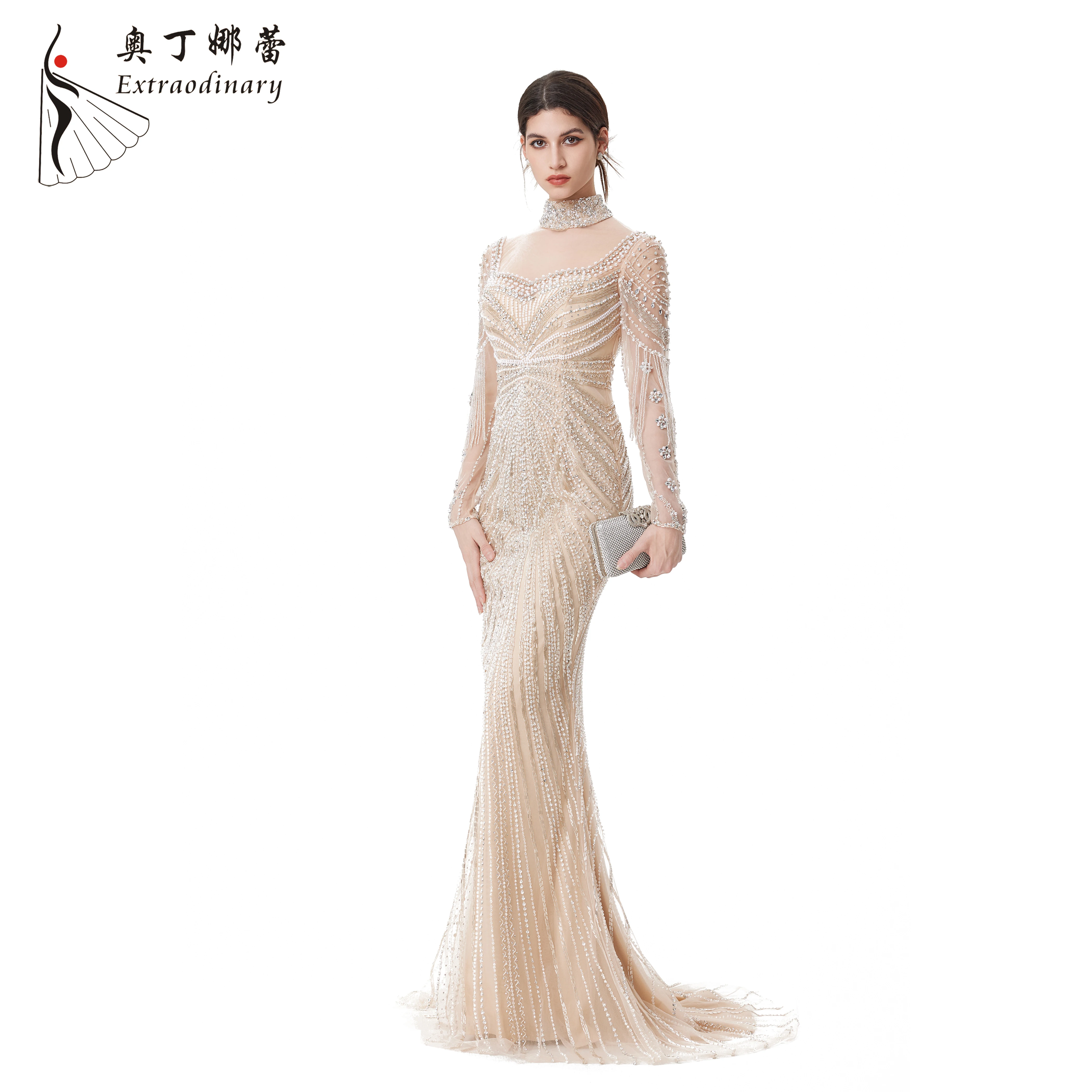 Champagne Long Sleeve Dubai Mermaid Wedding Dress Muslim Evening Dresses Luxury Tassel Beaded Party Gowns