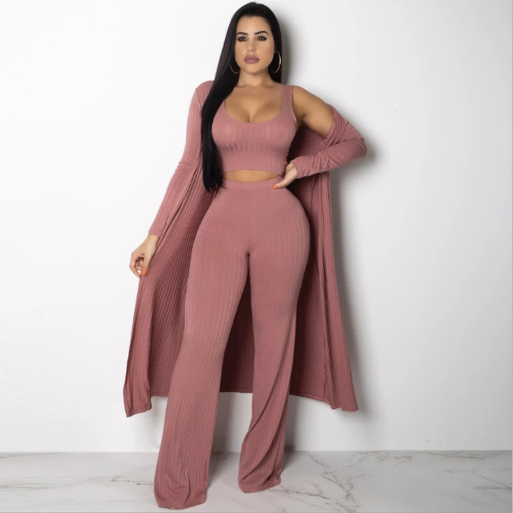 
3 piece suits ribbed jumpsuit with long coat 