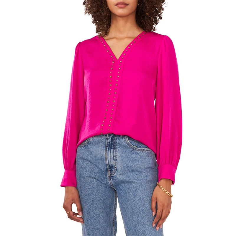 Customized Casual Ladies V Neck Long Sleeves Studded Front Loose Tunic Tops Shirt Blouse For Women