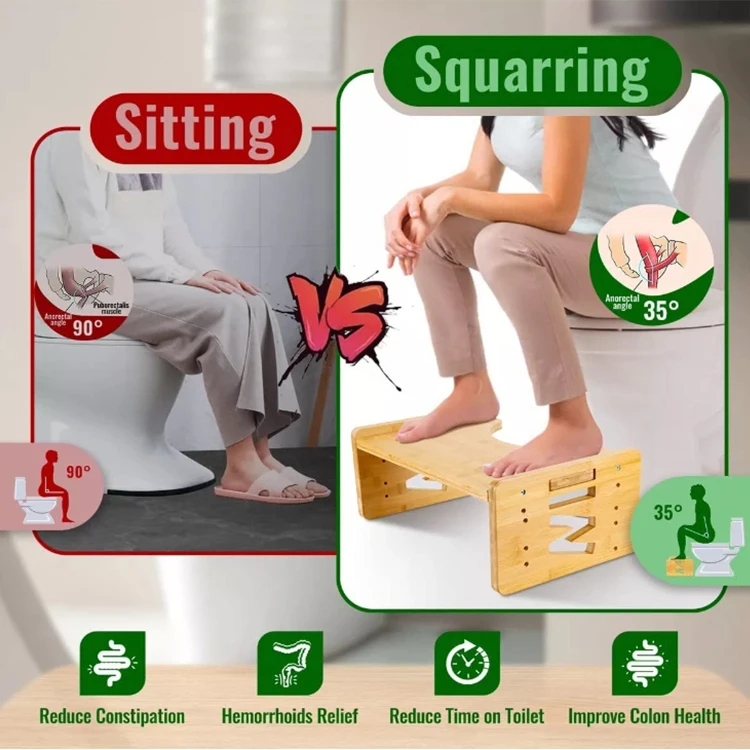 Bathroom Toilet Poop Stool Multi-Height Adjustable Bamboo Potty Stool Non-Slip Mat Squat Stool