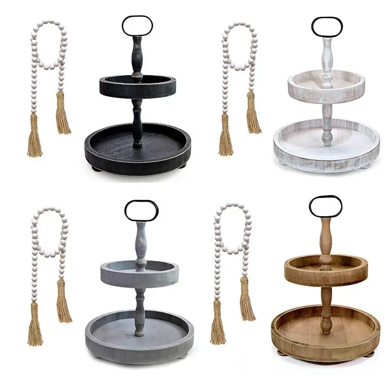 Rustic Farmhouse Cake Stand 2 Tier Wood Tray Wooden Tiered Tray with Metal Handle