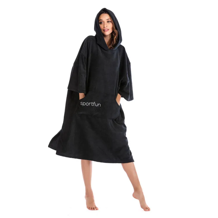 Adult surf poncho hooded beach towel long black cotton terry poncho hooded towel