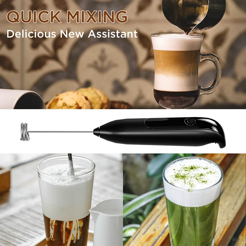 Rechargeable Milk Frother Handheld Electric Foam Maker Detachable Stainless Steel Whisk Drink Mixer Foamer with Stand