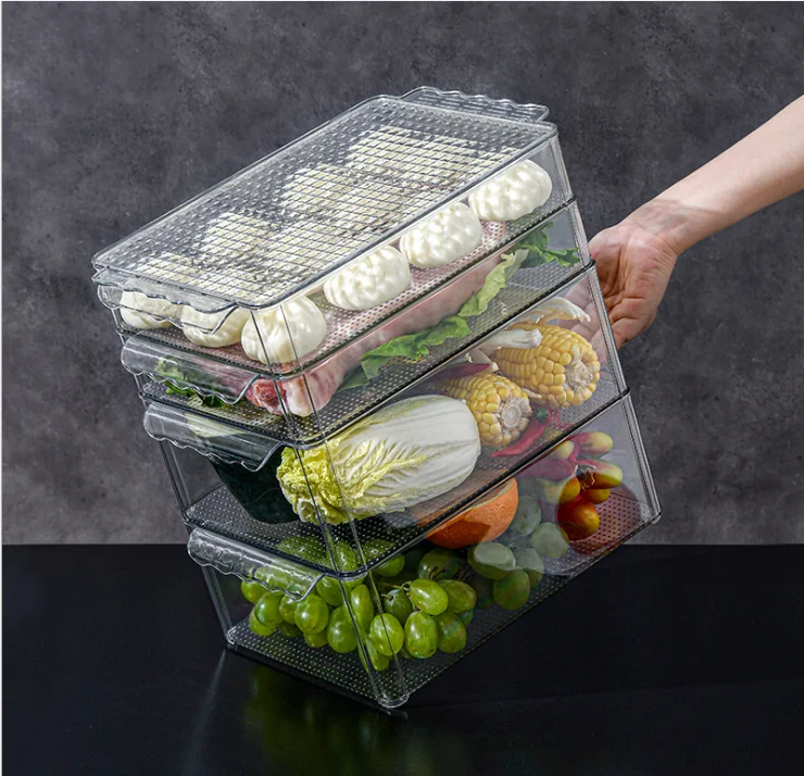 Stackable Refrigerator Organizer Keeper Drawers Bins Baskets with Lids and Removable Drain Tray for Veggie Berry  Fruits