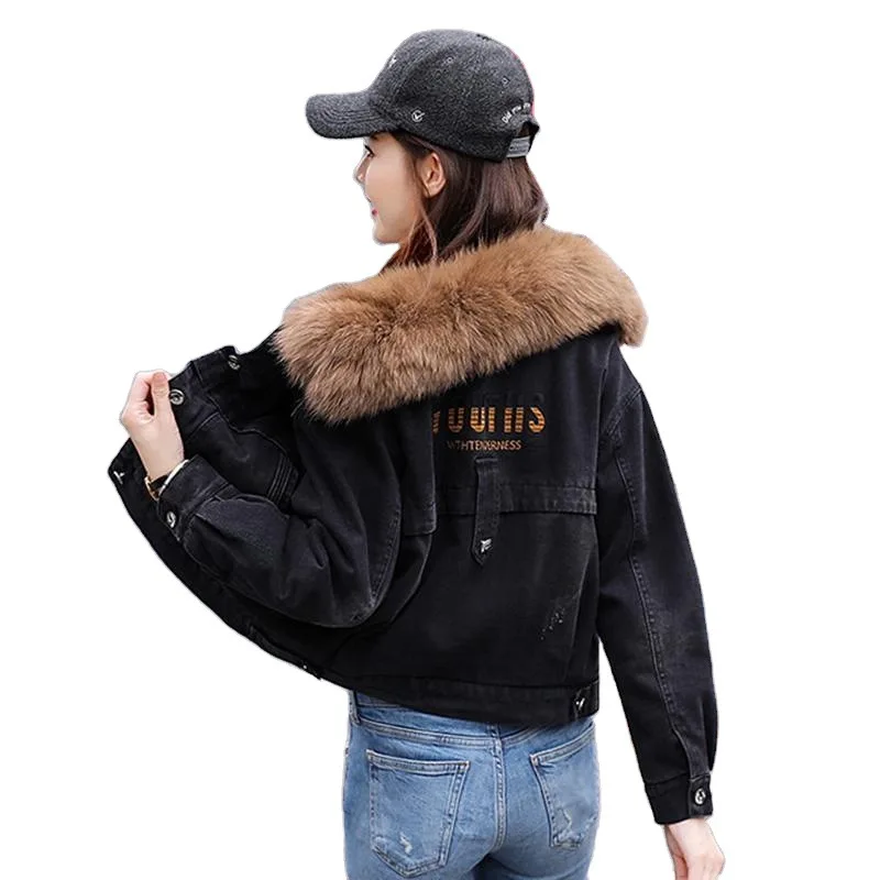 2021 Veste En Jean Avec Fourrure Fashion  Loose Outerwear Denim Jeans Jacket Fall Women Embroidered Faux Fur Print Denim Jacket