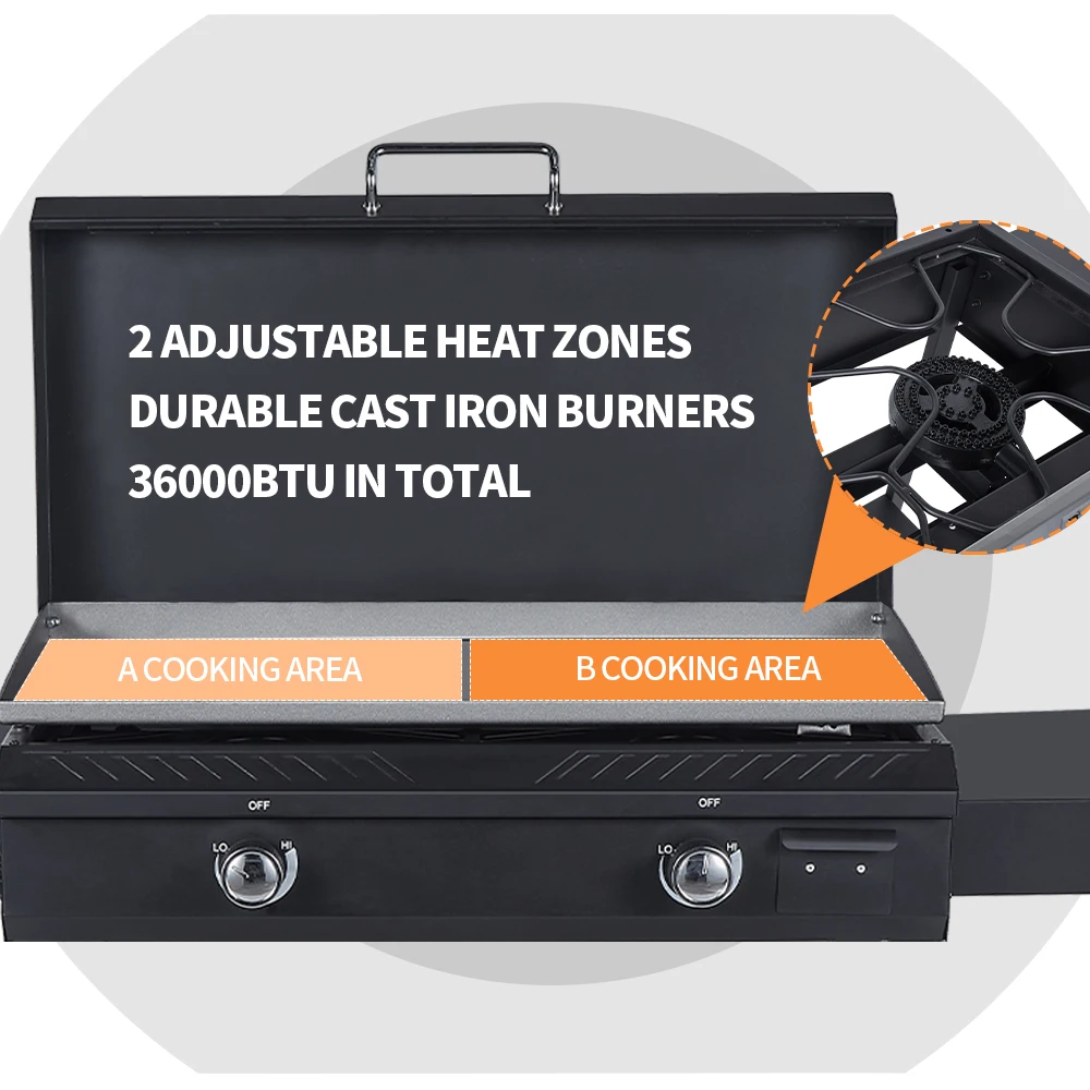 Two Side Shelf Camping Cooker Outdoor Griddle Two Burners Steel Gas Griddle with Hood