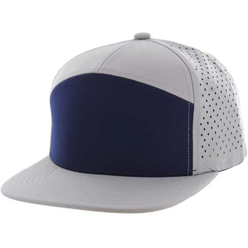 Custom High Quality Plain Rubber Pvc Patch Men Luxury 7 Panel Flat Brim Laser Cut Hole Perforated Hat, Hip Hop Snapback Caps