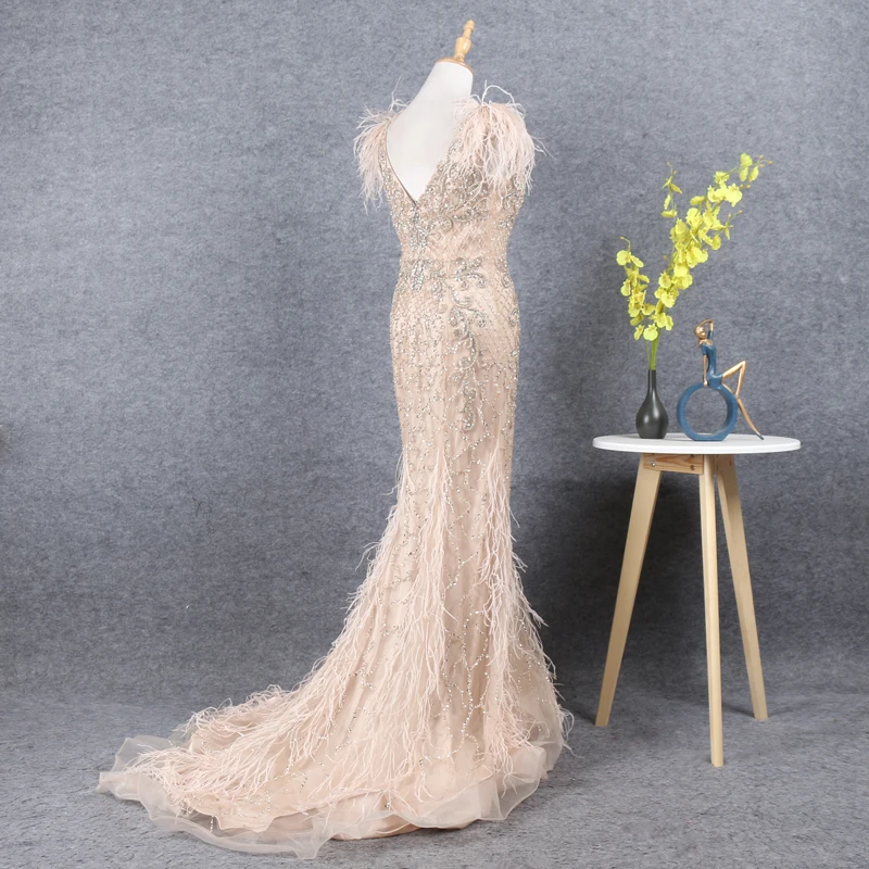 2022 High Quality Handmade Luxury Beaded Shiny Feather Slim-fit Mermaid Evening Party Dress
