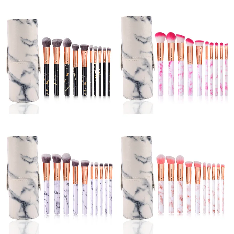 HMU Professional Make Up Brush Set Natural Gemstone Kabuki Cheap 10pcs Marble Handle Makeup Brushes With Case