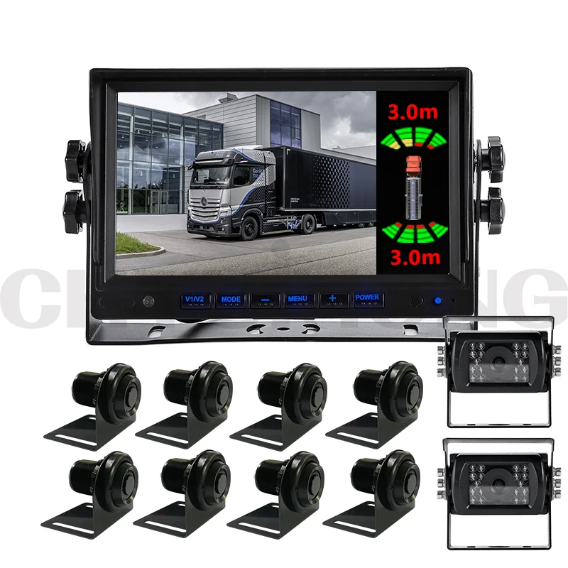 Truck Bus Vehicle Front&Rear 8PCS Ultrasonic Detect Blind Area Obstacle Parking Sensor with Reverse Camera 7inch 2CH DVR Monitor
