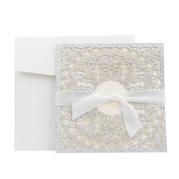 
Silver lace laser cut wedding invitation glitter insert suitable for sweet sixteen baby shower bridal shower birthday party 