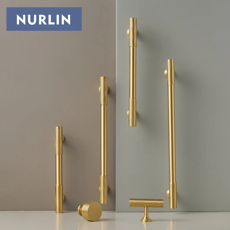 Nurlin Solid Brass Art Deco Vertical Lines Linear Cabinet Knobs T Bars Wardrobes  Gold Nickel Antique Bronze Color Drawer Handle