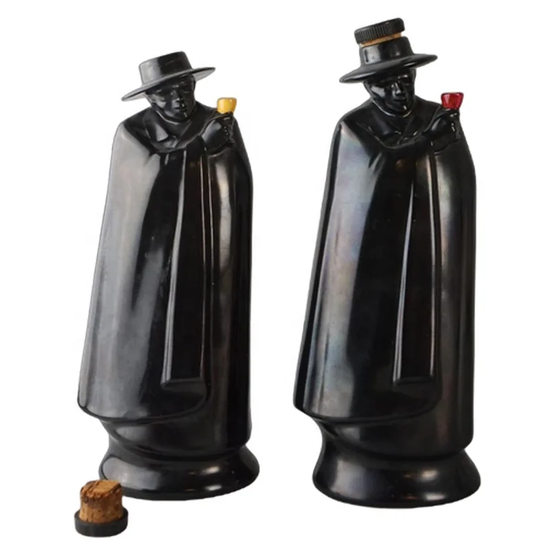 Custom shaped bar decorative drink whiskey vodka liquor flask wine container vintage ceramic black cloak figural port decanter