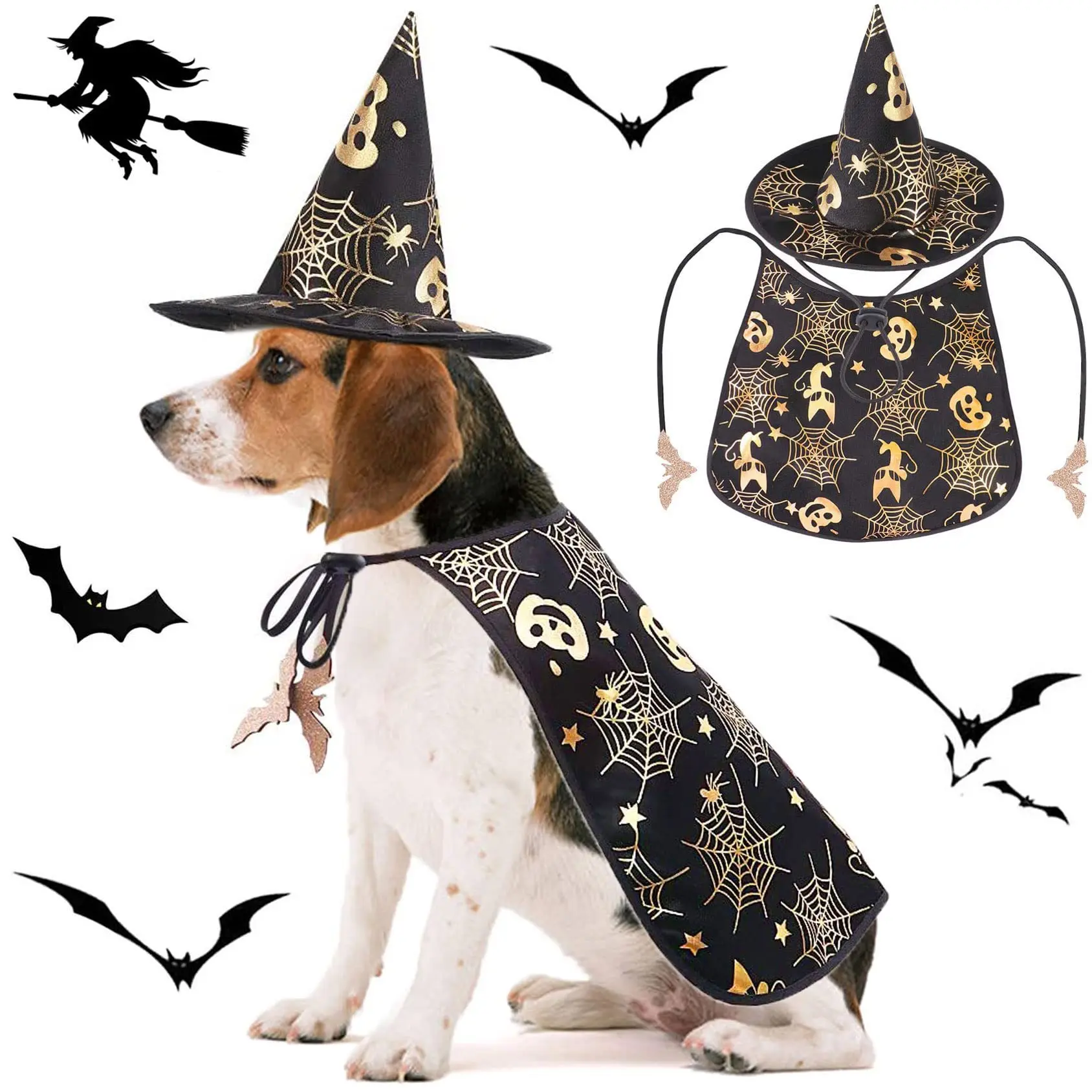 Halloween Pet Witch Hat Cape Set Pumpkin Spider Print Cape Costume Halloween Pet Set