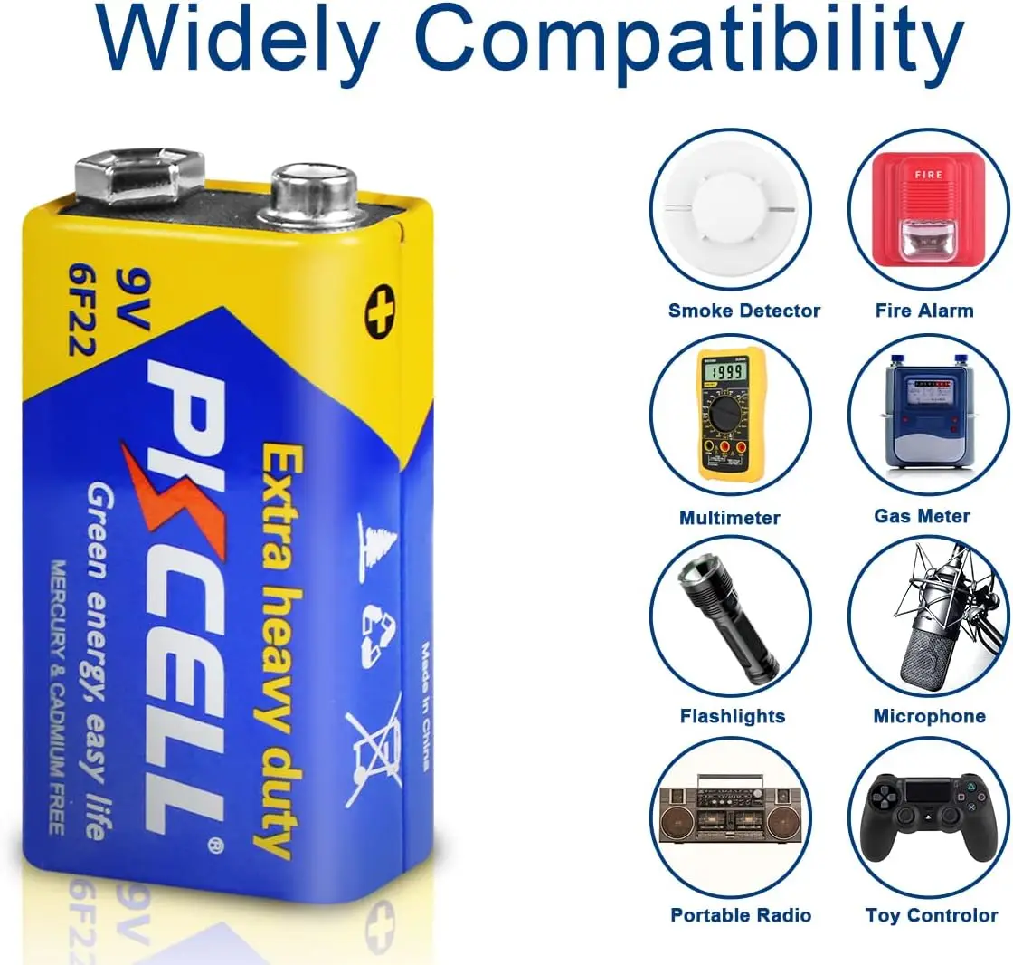 PKCELL Ultra Long-Lasting 9V Carbon Zinc Battery 6F22 Smoke Detectors Remote Control Smoke Detectors Remote Control Applications