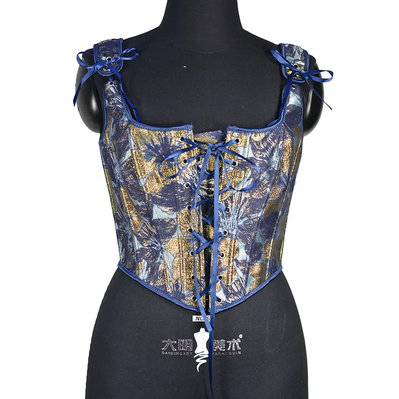 Blue Gold Flower Bustier Half Breast Fishbone Corset Front Strap U Collar Leaf Print Vest Woman Vintage Chest Wrap Court Corset
