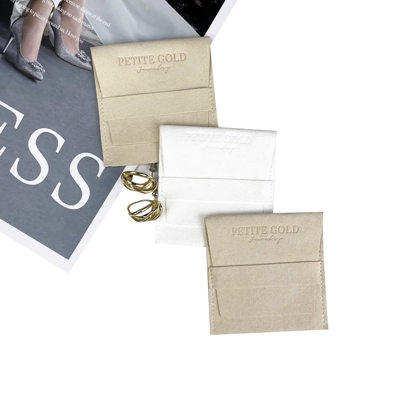 OEM Logo Color Deboss Print Elegant Design Ribbon Flap Suede Microfiber Packaging Bag Jewelry Pouch