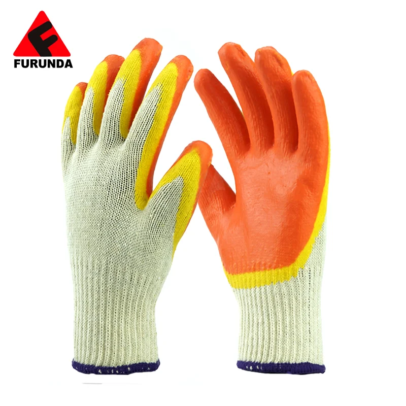 10 gauge Orange Yellow Double Latex Palm Coated Smooth Finish  Safety Work gloves fingertips reinforced