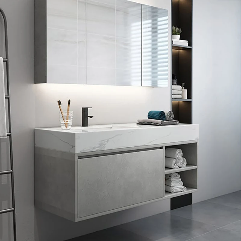 Foshan 30inch Single Wall Mount Bathroom cabinet Light Grey Vanity PVC Modern Bathroom Vanity with Sink
