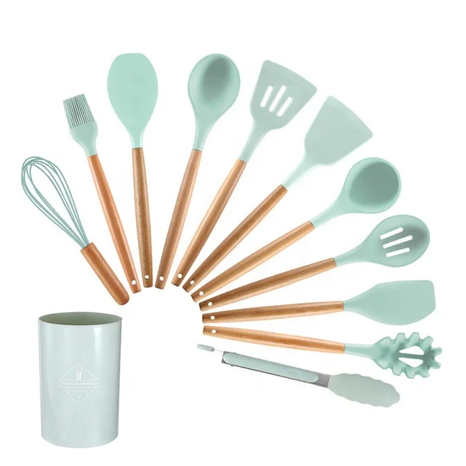 Hot Sale Manufacture 12PCS Kitchen Tools Silicone Kitchen Accessories Cooking Utensils Set Wooden Handle Kitchen Utensils