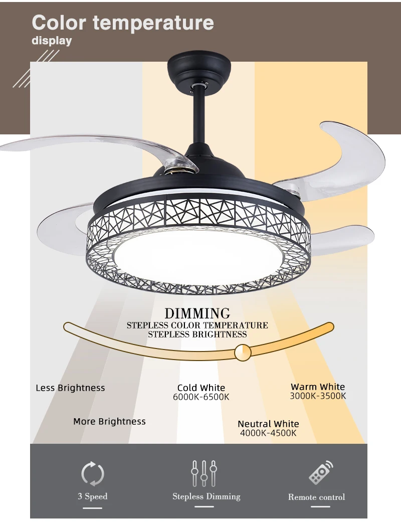 42' Chandelier 4 ABS Blades All Copper Moto Retractable Invisible Led Ceiling Fan With Light And Remote