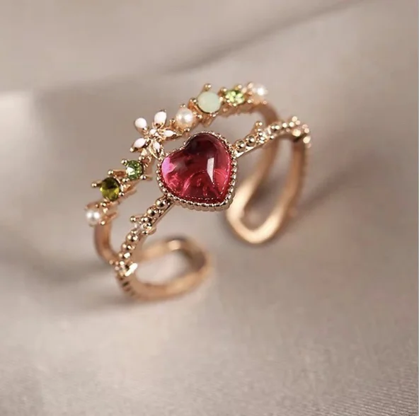 Fashion Exquisite Sweet Strawberry Color Heart Opal Opening Ring Diamond Gemstone Adjustable Rings For Girls Women