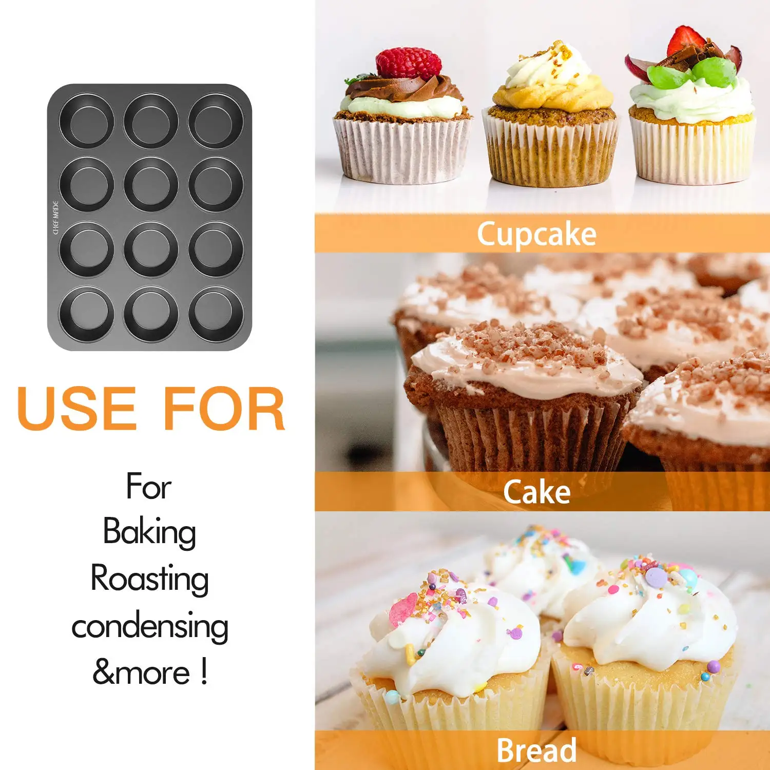 CHEFMADE Bakeware Non-stick Heavy Duty Carbon Steel Baking 12 Cups Muffin Cupcake Pan for Cakes