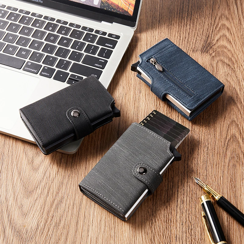 Yamo Hot Sell Pu Leather Holder Card Aluminum Pop Up Rfid Wallet Metal Card Holder