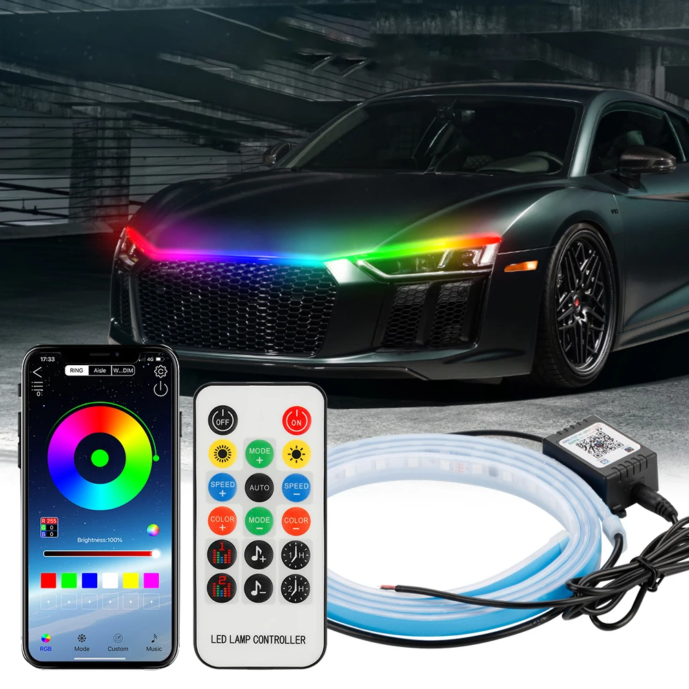 Most Popular 120CM 150CM 180CM  RGB APP Car Hood Decorative  Flexible Strip light Ambient light Car for Bonnet Hood Cover