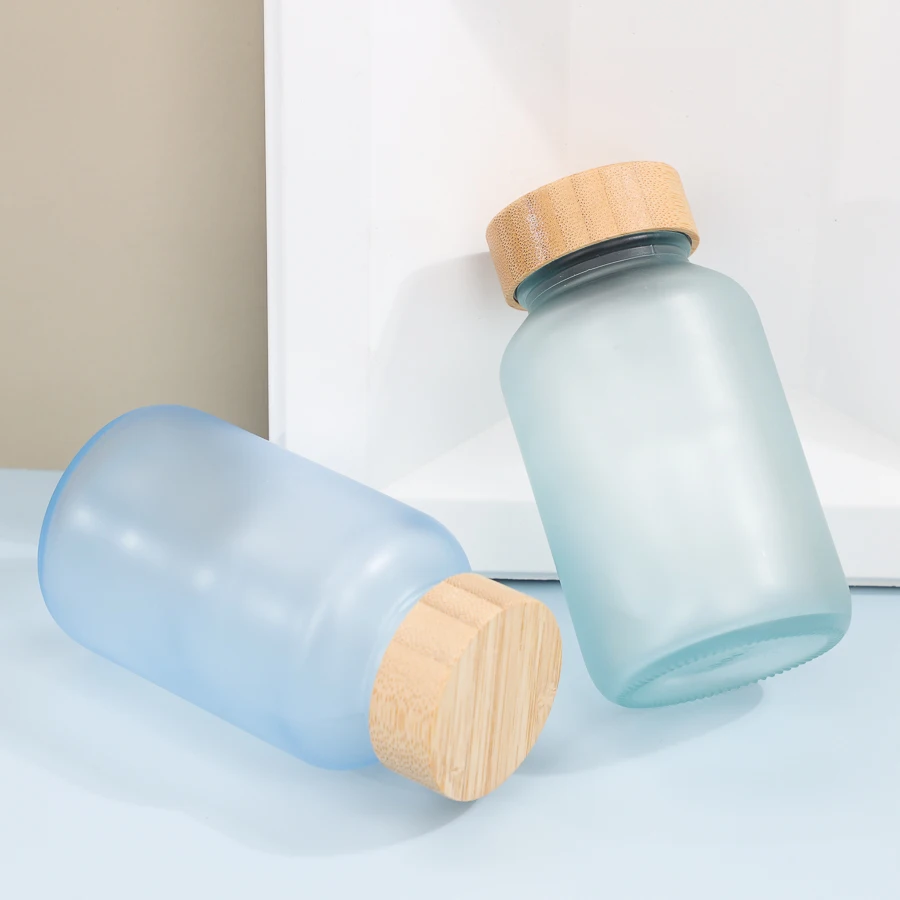 200ml Matte Blue Glass Vitamin Supplement Bottle Luxury  Pill Capsules Bottle Gummy Container with Bamboo Lid