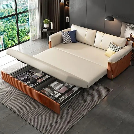 More Design Luxury Comfortable Home Furniture Hotel 3 seat Wood Frames Fabric Leather Living Room Folding Sofa Bed with Storage