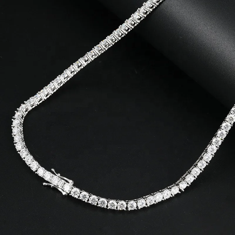  Hip Hop Vvs Moissanite Necklace 925 Sterling Silver 18' White Gold 4MM Tennis