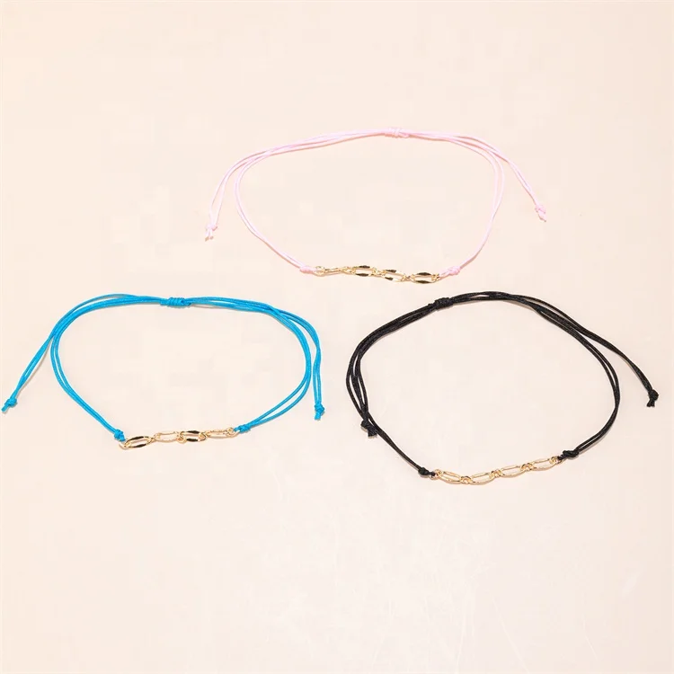 Custom Colorful Design Adjustable Gold Plated Waxed Thread Bracelets 3 Pieces/Set For Lady Girl