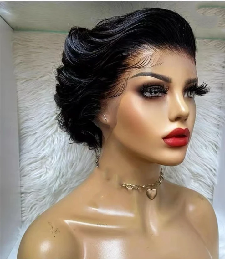 Pre Plucked Fashion Invisible Swiss Lace Cheap Pixie Short Wig 100 Virgin Human Hair Lace Front Wigs for Black Women