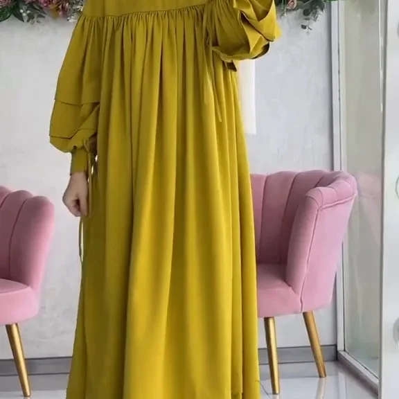 2024 Islamic Clothing Abaya Dubai Women Muslim Dress Puff Sleeve Satin Plain Abaya Traditional Muslim Clothing