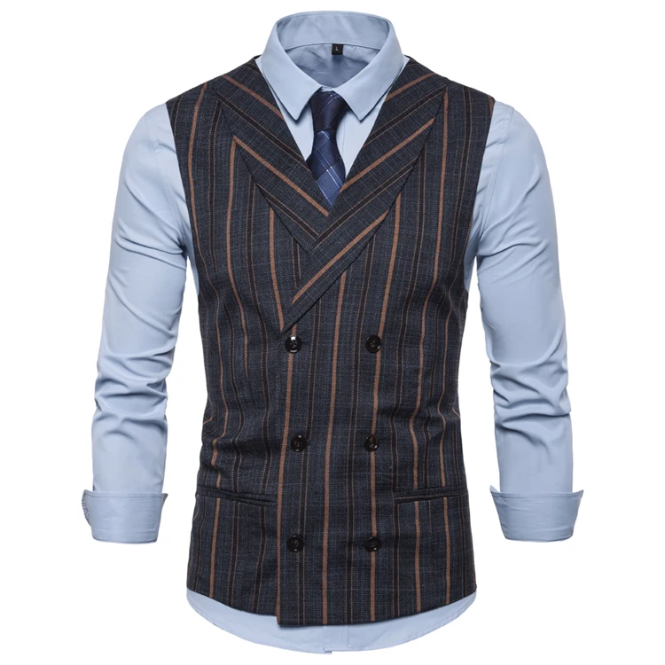 Smart Casual Striped Gilet Vest Formal Men Waistcoat Double Breasted Cotton