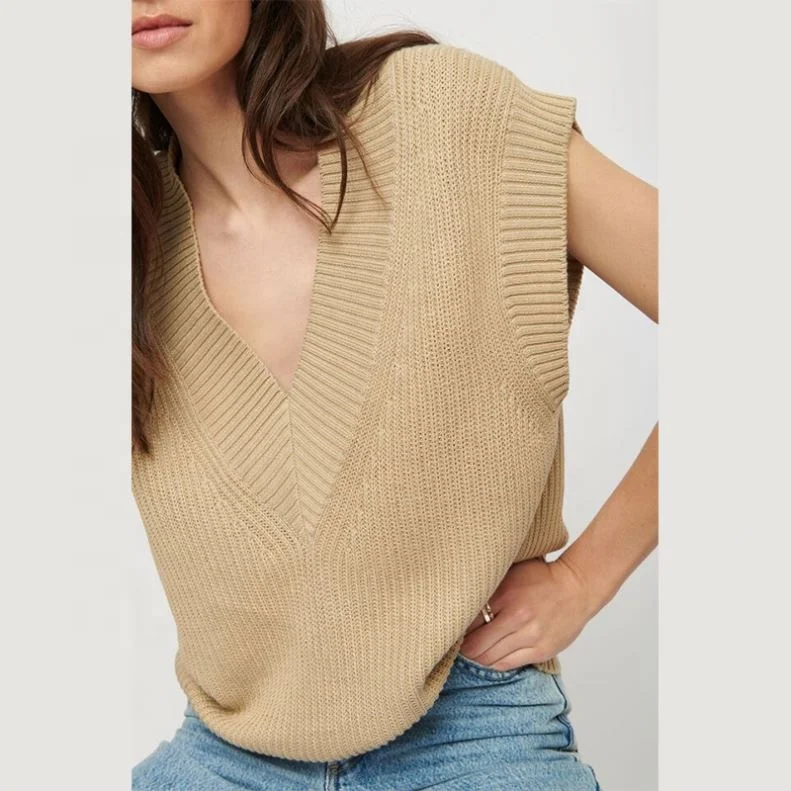 Wholesale 2023 Custom Logo Knit Oversized  Women Sweater Deep V Neck Sleeveless Plus Size Rib Vest 100% Cotton Knitwear Ladies
