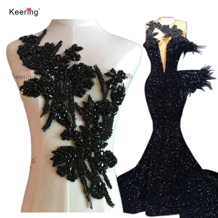 WDP-296 Very High End Lace Popular Jet Black Crystal Bodice Diamond 3D Flower Applique