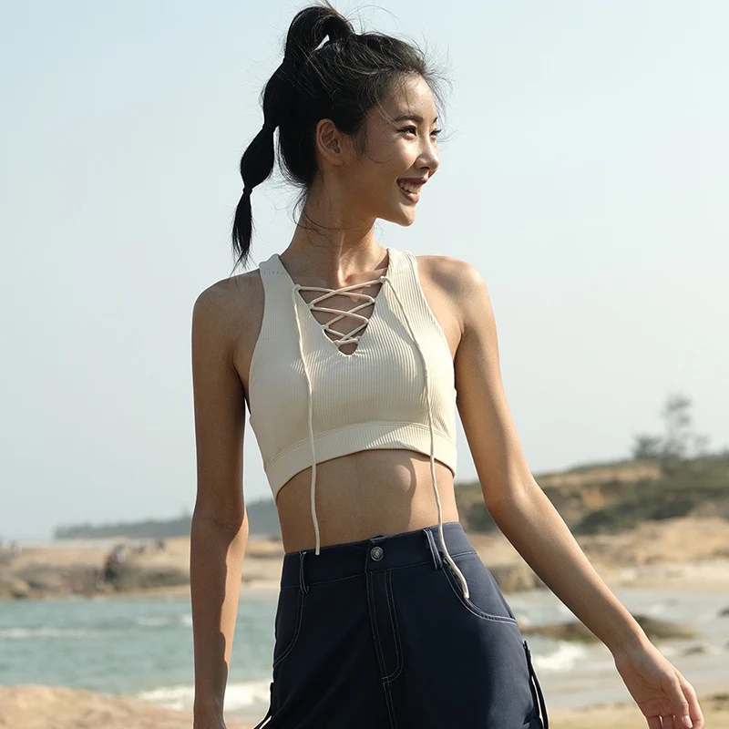 Summer Lace Up Sexy Sctive Sports Bra Herringbone Vest Yoga Suit Push Up Running Quick Drying Women Yoga Vest