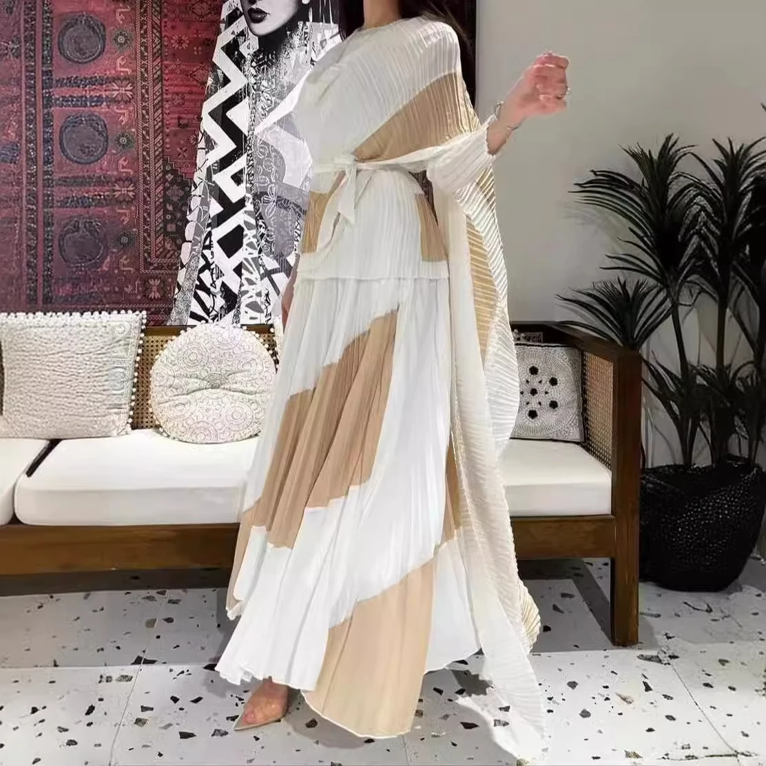 2024 Vintage New Fashion Sleeveless Bell Sleeve Pleated Dress Breathable Wavy Edge Chiffon Maxi Women Casual Church Special