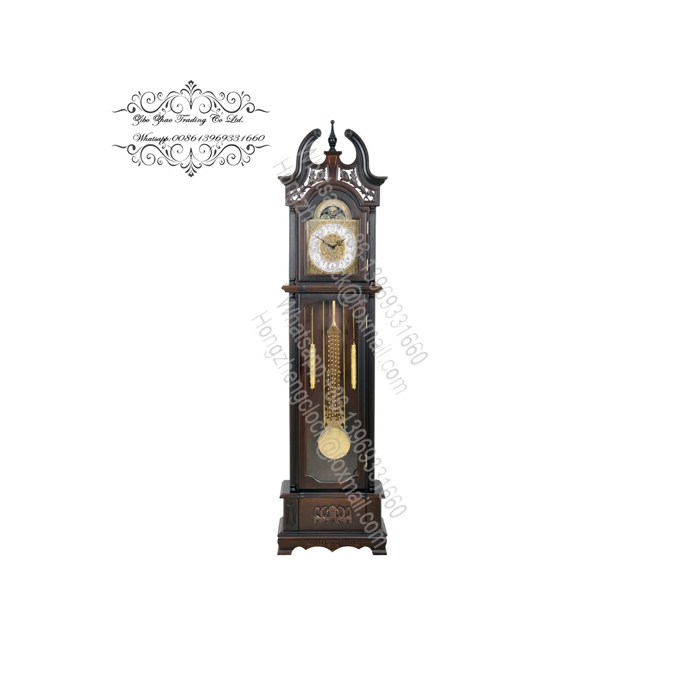 Traditional Solid Wood Grandfather Clock with Chimes, Battery Powered Movement, for Home Decor, in Golden Brown Finish